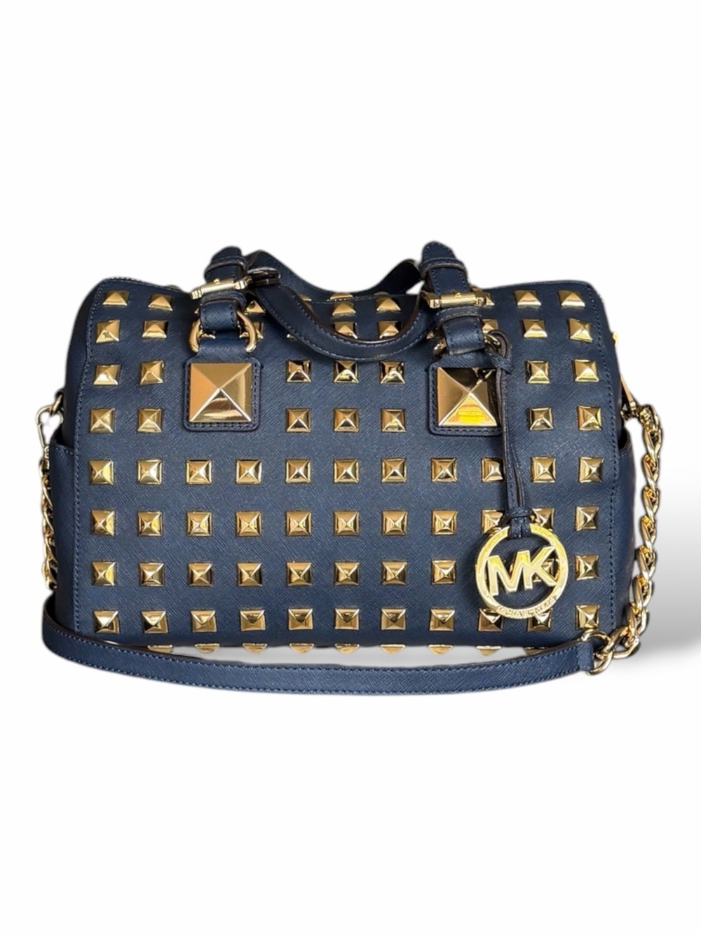 Michael Kors Navy Grayson Satchel in Saffiano Leather with Gold Pyramid Stude